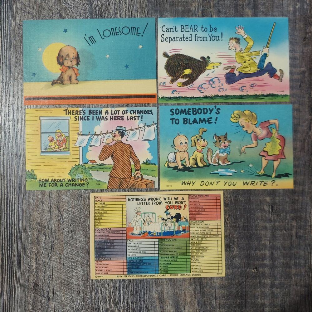 Vintage Asheville Post Card Company Missing You Correspondence Comic Linen Lot 5